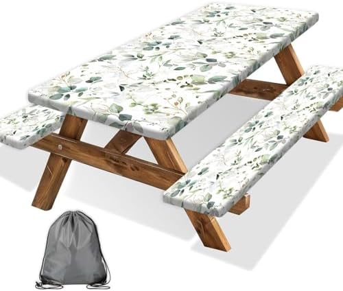 Picnic Table Cover with Bench Covers and Bag, Camping Essentials, Eucalyptus Leaves Outdoor Table Covers, Waterproof Windproof, Fitted Tablecloth Cover with Elastic Edge, 3 PCS, 30x72 Inch by Xguatan
