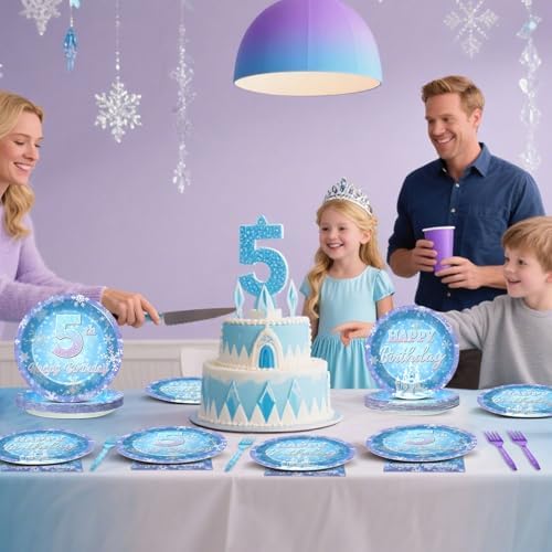 Snowflake Winter Wonderland 5th Birthday Paper Plates Napkins Forks Disposable Dinnerware Happy 5th Birthday Blue and Purple Winter Snowflake Tableware for Kids Christmas onderland Party Decorations - Image 5