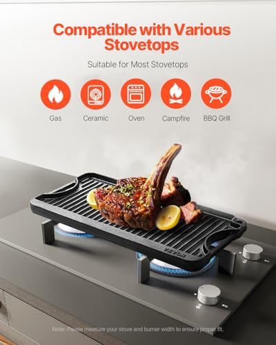 VEVOR Reversible Grill/Griddle, 20x10 inch Pre-Seasoned Cast Iron Griddle, Portable Rectangular Pan with Handle, Family Cookware for Indoor/Outdoor Stove Top Burner, Gas, Camping BBQ, Black - Image 3