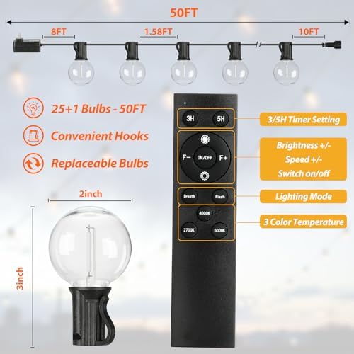 50FT LED Outdoor String Lights with Dimmable 3 Color Lights with Remote - Image 6