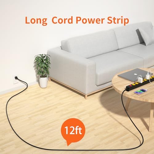8 Outlet Power Strip 2100J Surge Protector, 12FT Heavy Duty Extension Cord Wide Spaced Outlet and Wall Mount Metal Powerstrip for Home Office Garage Workshop - Image 2