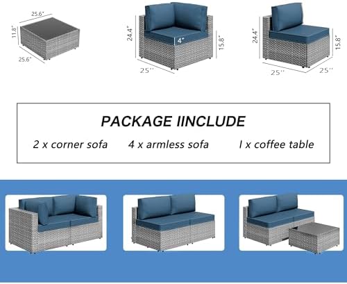 7 Piece Outdoor Patio Furniture Set with Silver PE Rattan, Navy Blue - Image 4