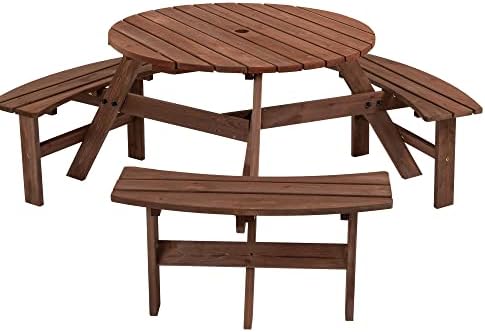 35.43'' Round Outdoor Dining Table Wooden Patio Dining Table & 3 Curved Built-in Bench for 6, 2" Umbrella Hole, Suitable for Backyard Garden Porch, Brown by JJKFurniture-kevinplus