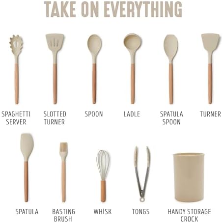 GreenLife 11 Piece Silicone Utensil Crock Set, Nonstick Kitchen Tools, Ladle, Turner, Slotted Turner, Spatula, Spoon, Spaghetti Server, Brush, Whisk, Tongs, Crock, Taupe - Image 3