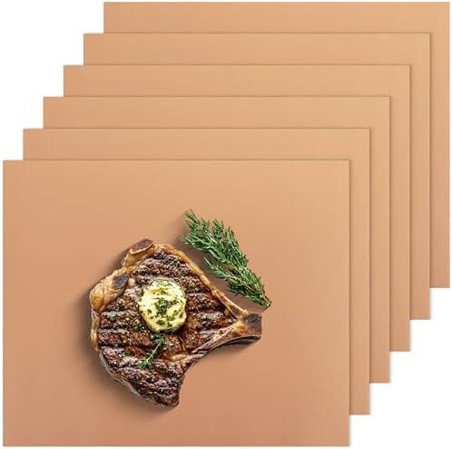 UNCO- Copper Grill Mats for Outdoor Grill, 13" x 15.8", 6 Pack, Nonstick Reusable Grilling Mats for Outdoor Grill, BPA and PFOA Free with PTFE-Fiberglass Coating by Unco