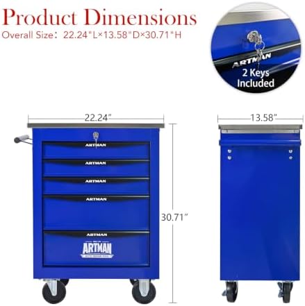 5-Drawer Heavy-Duty Rolling Tool Chest with Wheels & Steel Roof, Lockable Tool Chest Storage Cabinet for Garage, Workshop, Warehouse, and Repair Shop - Image 3