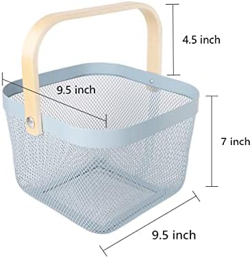 Mesh Steel Storage Organizer Basket Fruit Basket Bin with Wood Handle Ideal for Kitchen Bathroom Picnic Baskets Pantry Cabinets Storage Home Decor (Light Blue) - Image 4