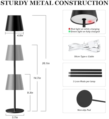 Kakanuo 20" Black Cordless Table Lamp Rechargeable - 2 Pack 5000mAH Battery Operated Lamp for Counter, 3 Color Stepless Dimming Wireless Lamp for Dining Table, Touch Control - Image 2
