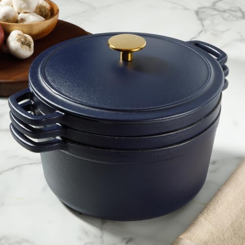 Sur La Table Kitchen Essentials 4-Piece Enameled Cast Iron Stackable Cookware Set, 5.3 Qt Dutch Oven with Lid, Braiser & Grill Pan, Navy Blue, Gold Knob Oven Safe to 500°F, Induction Compatible - Image 7