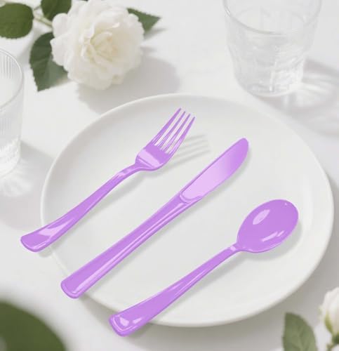 HEIPINIUYE 75 Pack Light Purple Plastic Cutlery Heavy Duty Lavender Plastic Knives Forks and Spoons Disposable Silverware Set for 25 Guest Camping Birthday Baby Shower Party Cutlery Set - Image 7