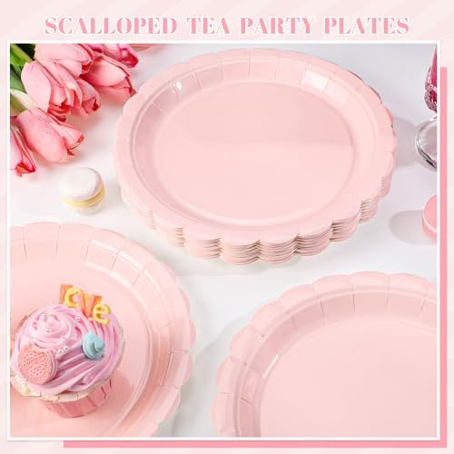 NatNarr 30 Pk Pink Paper Plates 9" Disposable Scalloped Pink Birthday Plate - Image 5