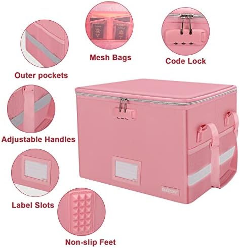 ENGPOW File Box with Lock, Fireproof Document Box with Zipper＆Pockets, Collapsible File Organizer Filing Storage Cabinet with Handle, Portable Home Office Safe for Hanging Letter/Legal Folder, Pink - Image 4
