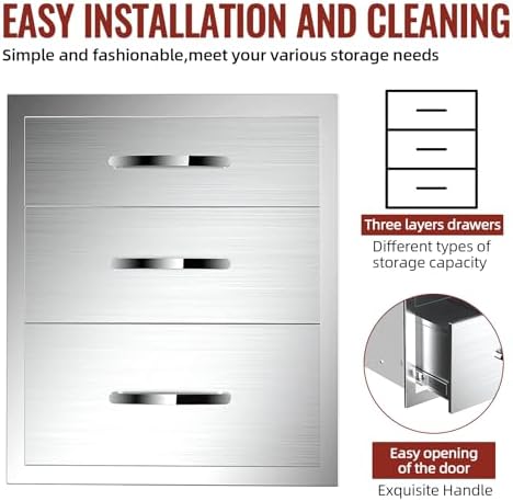 Outdoor Kitchen Drawers Stainless Steel, BBQ Drawer Inserts for Built-in Patio Grill Station, Triple Drawer, 18''W x 24''H x 23''D - Image 6