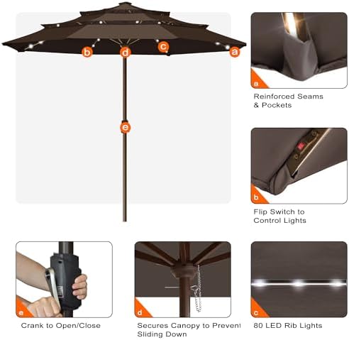 EliteShade USA 10-Year-Non-Fading 10ft 3-Tier Market Patio Umbrella, Commercial Table Umbrella with 80 Solar LED Lights, Crank Open, Windproof & UPF 50+ UV Protection for Garden, Deck, Pool, Backyard, No Tilt, Chestnut - Image 5