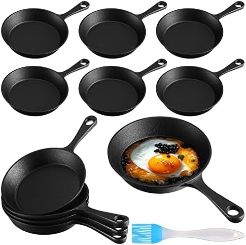 Skylety 10 Sets 6. 3 Inches Mini Cast Iron Skillets Small Black Sizzling Plate Cast Iron Skillets Frying Pan Set with Oil Brush for Indoor Outdoor Restaurant Kitchen by Skylety
