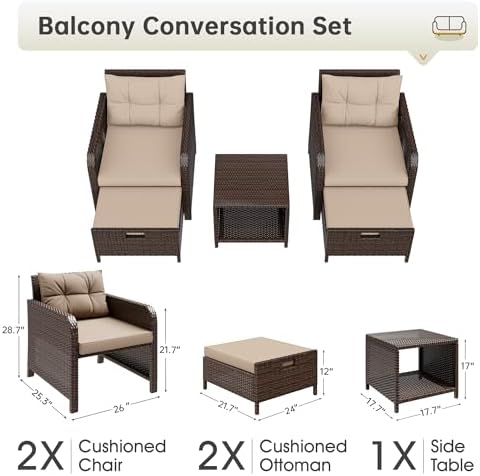 LHBcraft 5 Piece Patio Furniture Set, PE Wicker Outdoor Furniture Set with Soft Cushions & Coffee Table, Outdoor Lounge Chairs with Ottoman for Porch, Lawn, Balcony, Beige-Brown - Image 2