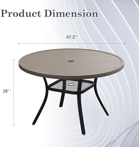 47.2" Patio Dining Table for 6, Round Outdoor Metal Dining Table with Umbrella Hole for Lawn Garden Backyard, Grey - Image 2