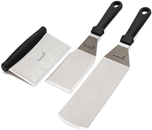 Metal Spatula Stainless Steel and Scraper - Professional Chef Griddle Spatulas Set of 3 - Heavy Duty Accessories Great for Cast Iron BBQ Flat Top Grill Skillet Pan - Commercial Grade by Anmarko