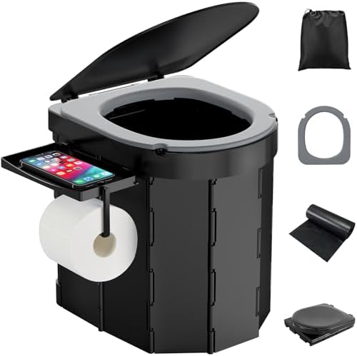 PAHTTO Portable Camping Toilet, Foldable Toilet for Adults with Detachable Phone Shelf and Toilet Paper Holder, Waterproof Porta Potty with Lid for Camping, Hiking, RV Travel, Road Trips by PAHTTO
