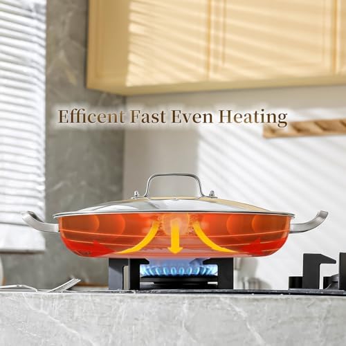 DELARLO Nonstick Paella Pan With Lid 14 Inch, Tri-Ply Stainless Steel Large Skillet, Everyday Pan, Fast & Even Heating Induction Cooking Pan, Dishwasher and Oven Safe, Heavy Duty Style - Image 4