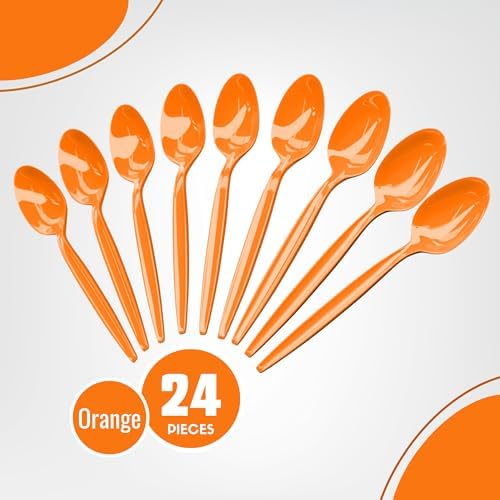 Orange Plastic Spoons (24 Pack) - Durable Disposable Tableware Flatware Cutlery Utensils Set for Fall, Thanksgiving, Halloween, Birthday, Picnic, Catering & Theme Party Event Supplies, Blue Orchards - Image 2
