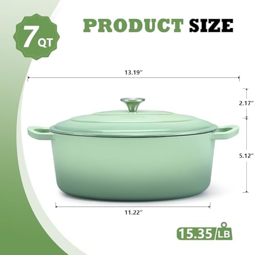 P&P CHEF Oval Dutch Oven with Lid, Enameled Cast Dutch Oven Pot for Bread Baking, Braising, Stewing, Roasting, Non-Stick & Oven Safe, Dual Handles & Easy Clean, 7QT & Pistachio Green, Valentine's Day - Image 2