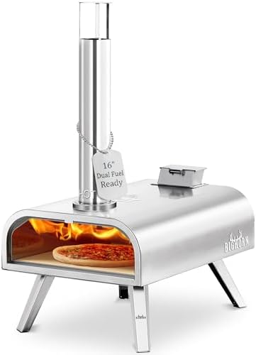 BIG HORN OUTDOORS 16" Multi-Fuel Outdoor Pizza Oven – 2-in-1 Wood-Fired & Gas Compatible (Burners Sold Separately), 1112°F Outdoor Stainless Pizza Cooker, Portable for Party Usage, Sliver by BigHornOutdoors