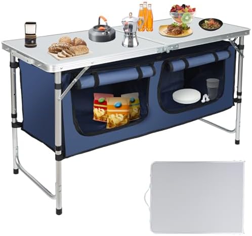 Outdoor Folding Camping Table with Storage Organizer(Blue) by Pnbfhn