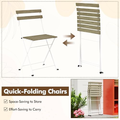 Giantex 3-Piece Acacia Wood Bistro Set, Patio Bistro Table with 2 Folding Chairs, Slatted Seat & Tabletop, Metal Frame, Outdoor Furniture Set for Backyard, Porch, Garden, Poolside (White + Gray) - Image 6