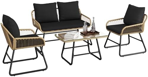 Yaheetech 4 Piece Patio Furniture Set, Outdoor Wicker Conversation Sets, Boho Loveseat & 2 Armchairs with Cushion and Pillow, Glass Top Table for Backyard, Porch, Balcony, Deck - Tan/Black by Yaheetech