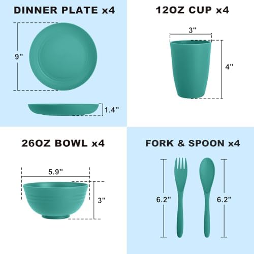 Wheat Straw Dinnerware Sets for 4, 20 PCS Unbreakable Lightweight Kids Plates and Bowls Sets, Dishwasher Microwave Safe Dinnerware Set, Perfect for Kitchen Dorm Camping Outdoor - Green - Image 2