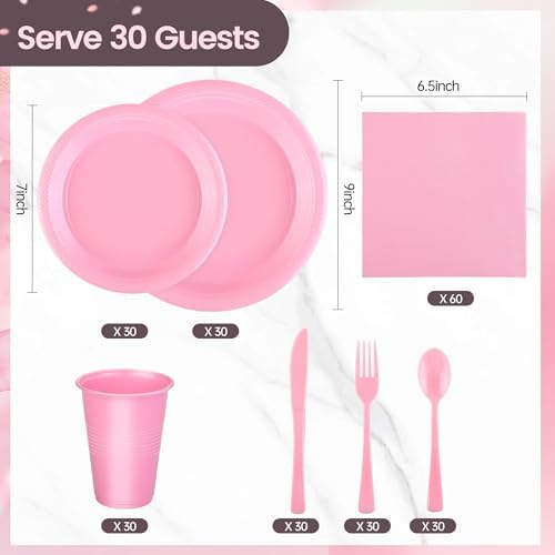 Kochorie 240 Pieces Pink Plastic Dinnerware Set Disposable Heavy Duty Plates Napkins Cups and Silverware Dessert Dinner Plates for Birthday Wedding Baby Shower Party Supplies, Serves 30 Guests - Image 2