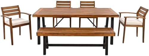 Harper & Bright Designs GO Outdoor Wood Dining Set for 6-7 Person, Outdoor Dining Furniture with Removable Cushions, Ergonomic Chairs and Bench, Thicker Table, Nature by HarperBrightDesigns