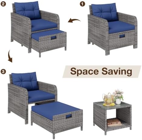 LHBcraft 5 Piece Patio Furniture Set, PE Wicker Outdoor Furniture Set with Soft Cushions & Coffee Table, Outdoor Lounge Chairs with Ottoman for Porch, Lawn, Balcony, Blue-Grey - Image 6