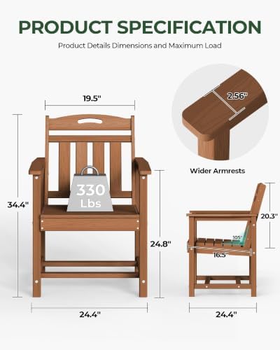 Set of 2 Weatherproof Patio Chairs - HDPE Outdoor Dining Chairs with Wide Seat, Ergonomic Design - for Garden, Backyard, Deck - Teak - Image 3