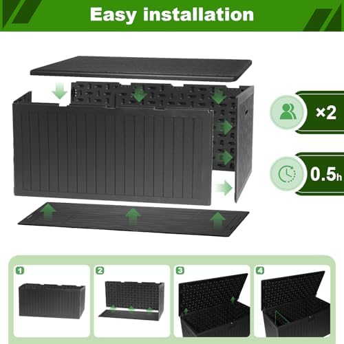 320 Gallon Deck Box with 6 Waterproof Foot Pads, Resin Storage Box Weatherproof, Plastic Cushion Container with Lock and Lids for Pool Equipment, Black - Image 6