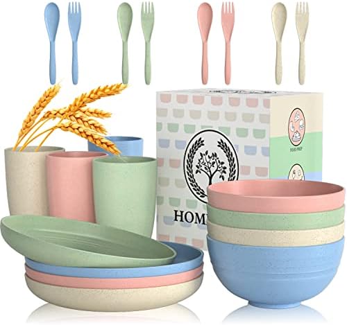 Homienly Wheat Straw Dinnerware Sets 20 PCS Plates and Bowls Sets Microwave and Dishwasher Safe Dish Set Unbreakable Camping Dish Set Cups and Plates Sets for Kitchen, Picnic, RV (Multilight) by HOMIENLY