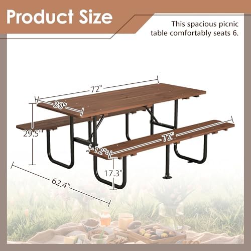 72'' Rectangular Outdoor Dining Table Wooden Patio Dining Table & 2 Built-in Bench for 8, 2" Umbrella Hole & Metal Base, Suitable for Picnic Backyard Garden Porch, Brown - Image 2