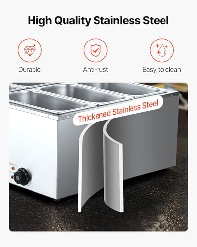 VEVOR Commercial Food Warmer, 1500W Electric Stainless Steel Steam Food Warmer with Lid, 6-Pan Fast Heating Countertop Buffet Bain Marie with Soup & Perforated Ladles, for Catering, Restaurant, Party - Image 4