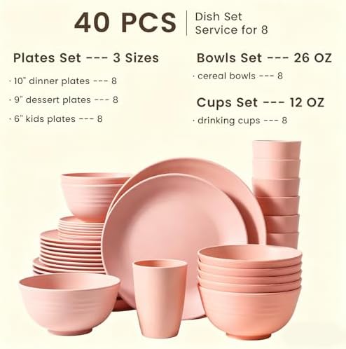 Homienly Unbreakable 40 PCS Wheat Straw Dinnerware Sets Service for 8 Pink - Image 2