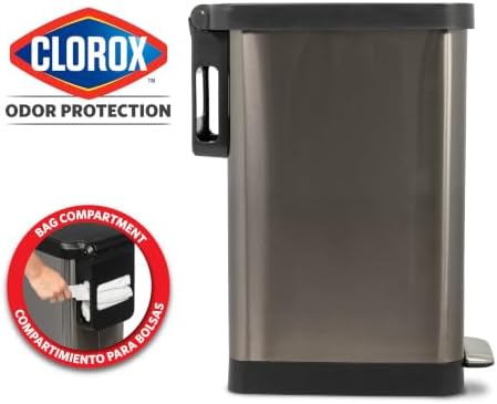 Glad Stainless Steel Slim Trash Can with Clorox Odor Protection - Narrow Kitchen Garbage Bin with Soft Close Lid, Step On Foot Pedal and Waste Bag Roll Holder, Pewter, 12 Gallon/45 Liter - Image 2