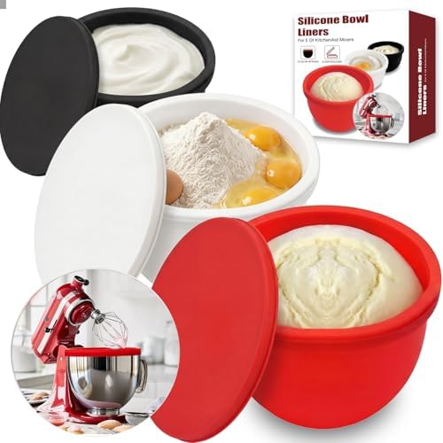 Silicone Bowl Liners for KitchenAid 5 Qt Tilt Head Mixer, 3 Pack Reusable Mixer Bowl Inserts with Lids, Non Stick Baking Accessories for KitchenAid Stand Mixer, Dishwasher Safe Food Grade Silicone by Unknown