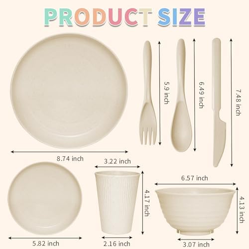 SHECIPIN 42-Piece Wheat Straw Dinnerware Set, Large Round Plates, Bowls and Cups, Unbreakable dish set, Dishwasher and Microwave Safe, Outdoor Dishes (Beige) - Image 2