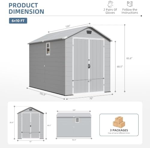 Greesum 6x10FT Plastic Outdoor Storage Shed with Floor, Light Gray - Image 2