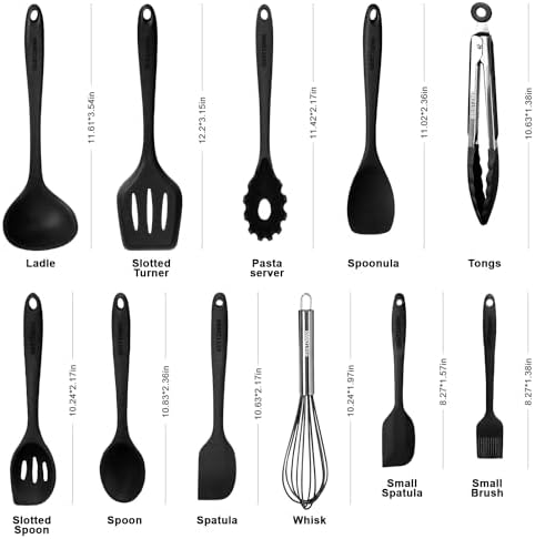 Kitchen Utensil Set - 11 Cooking Utensils - Colorful Silicone Kitchen Utensils - Nonstick Cookware with Spatula Set - Colored Best Kitchen Tools Kitchen Gadgets (Black) - Image 2