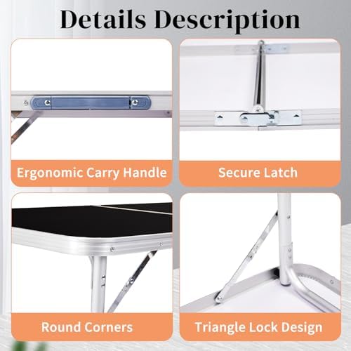Outvita 6ft Portable Folding Camping Table Lightweight Suitcase Black - Image 5