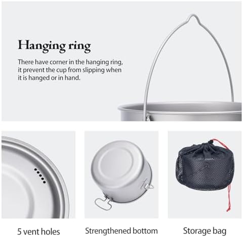 iBasingo 1300ml (44 fl oz) Titanium Bail‑handle Pot Camping Pot Ti2043C - Image 3