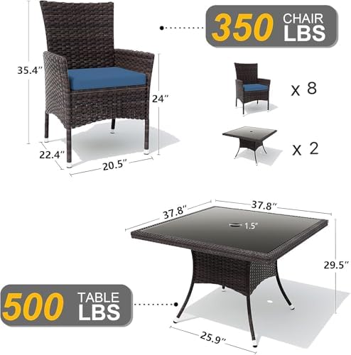 Gotland 10 Piece Outdoor Dining Set, All-Weather Rattan Patio Furniture Set with Umbrella Hole Tempered Glass Square Table, Outdoor Table and Chairs with Removable Cushions for Backyard, Deck Navy - Image 2