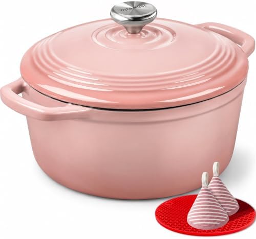 Overmont Enameled Cast Iron Dutch Oven - 5.5QT Pot with Lid Cookbook, Pink by Overmont