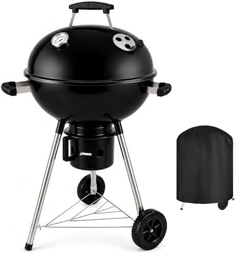 18-Inch Kettle Charcoal Grill with Cover, Porcelain-Enameled BBQ Grill with Built-in Thermometer, Adjustable Air Vents, Removable Ash Catcher, Wheels for Backyard BBQ, Patio & Outdoor Cooking by Unknown